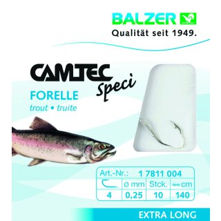 Balzer Camtec Speci Vorfach-Haken Forelle Sbiro 0.25mm 140cm #4 Sbirolino-Forellen-Haken