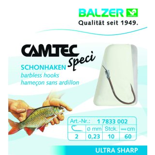 Balzer Camtec Speci Vorfach-Haken Schonhaken 0.14mm 60cm #14 Friedfisch-Haken Silber ohne Widerhaken