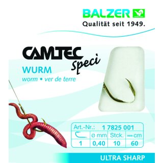 Balzer Camtec Speci Vorfach-Haken Wurm 0.30mm 60cm #4 Wurm-Haken Brüniert