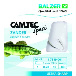 Balzer Camtec Speci Vorfach-Haken Zander 0.28mm 80cm #1 Raubfisch-Zander-Haken Silber