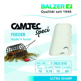 10 x Balzer Camtec Speci Vorfach-Haken Feeder 0.18mm 85cm #10 Friedfisch-Feeder-Haken Schwarz