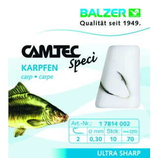 Balzer Camtec Speci Vorfach-Haken Karpfen extra stark 0.35mm 70cm #2 Karpfen-Haken Schwarz