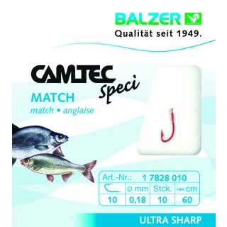 Balzer Camtec Speci Vorfach-Haken Match 0.18mm 60cm #10 Friedfisch-Stipp-Haken Rot