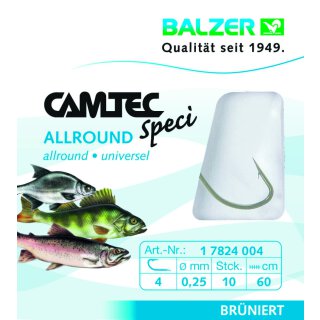 Balzer Camtec Speci Vorfach-Haken Allround 0.25mm 60cm #4 Barsch-Forelle-Karpfen-Haken Brüniert