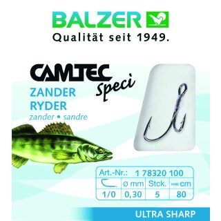 10 x Balzer Camtec Speci Vorfach-Haken Zander-Ryder-Haken Zander 0.30mm 80cm #1/0 Brüniert