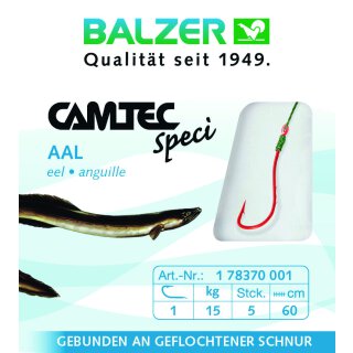 Balzer Camtec Speci Vorfach-Haken Aal 15.0kg 60cm #1 Aal-Haken Rot mit geflochtener Schnur