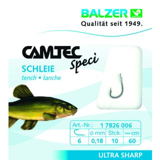 Balzer Camtec Speci Vorfach-Haken Schleie 0.18mm 60cm #6 Schleien-Haken Schwarz