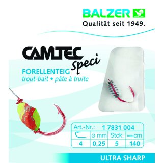 Balzer Camtec Speci Vorfach-Haken Forelle Teig 0.14mm 140cm #10 Forellen-Teig-Haken Rot
