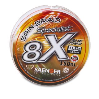 4 x Saenger Spin Braid Specialist 8x geflochtene Angel-Schnur 150m 0.21mm 17.6kg Fluo Orange