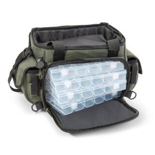 Saenger Iron Claw Easy Gear Bag NX 40x22x28cm Schulter-Umhänge-Zubehör-Tackle-Tasche mit 4 Klarsicht-Boxen