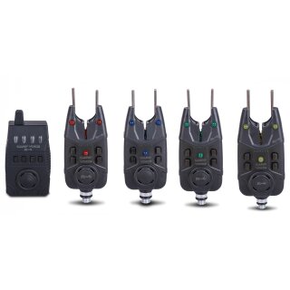 Saenger Carp Voice R-4 Funk-Bissanzeiger Set 4+1 Rot+Blau+Grün+Gelb 100m Reichweite Fallbiss-Erkennung im Koffer